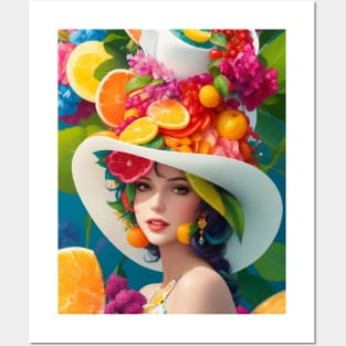 А woman with a white hat and some colorful fruity Posters and Art